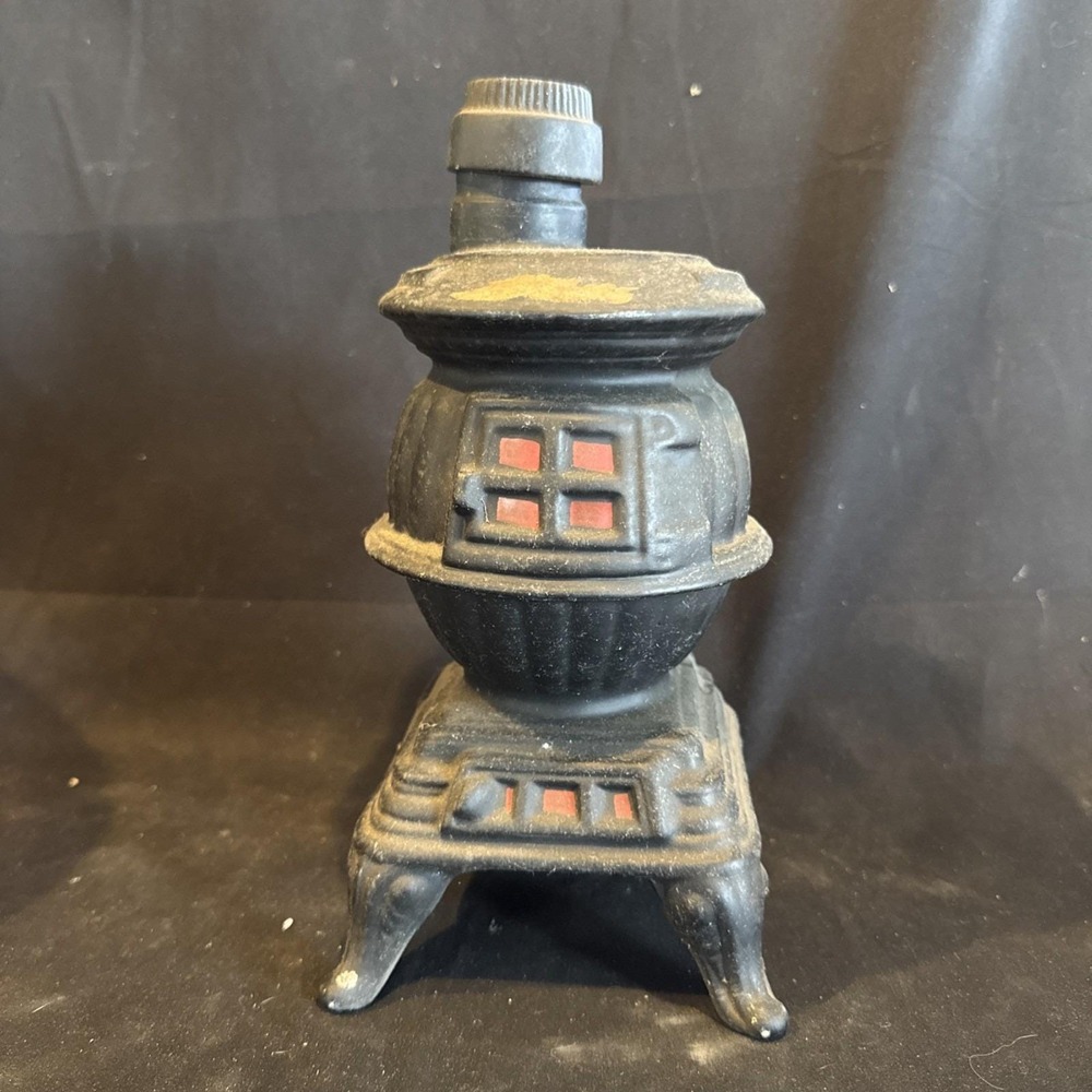 1968 Ezra Brooks Real Sippin Whiskey Pot Belly Wood Stove Decanter Empty